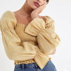 Urban Outfitters Gingham Cinched-Sleeve Blouse